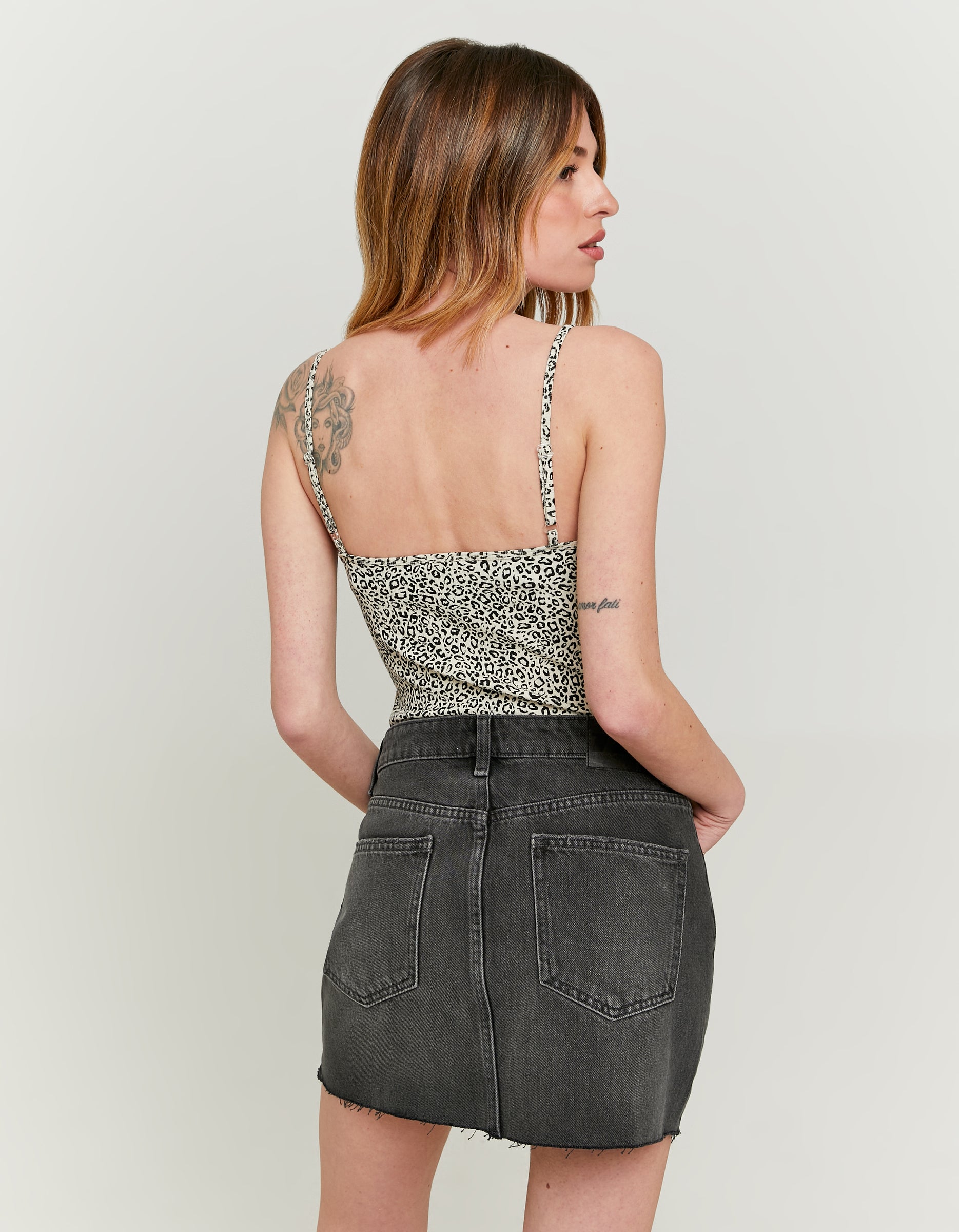 Ladies Leopard Print Lace Trim Basic Bodysuit-Model Back View