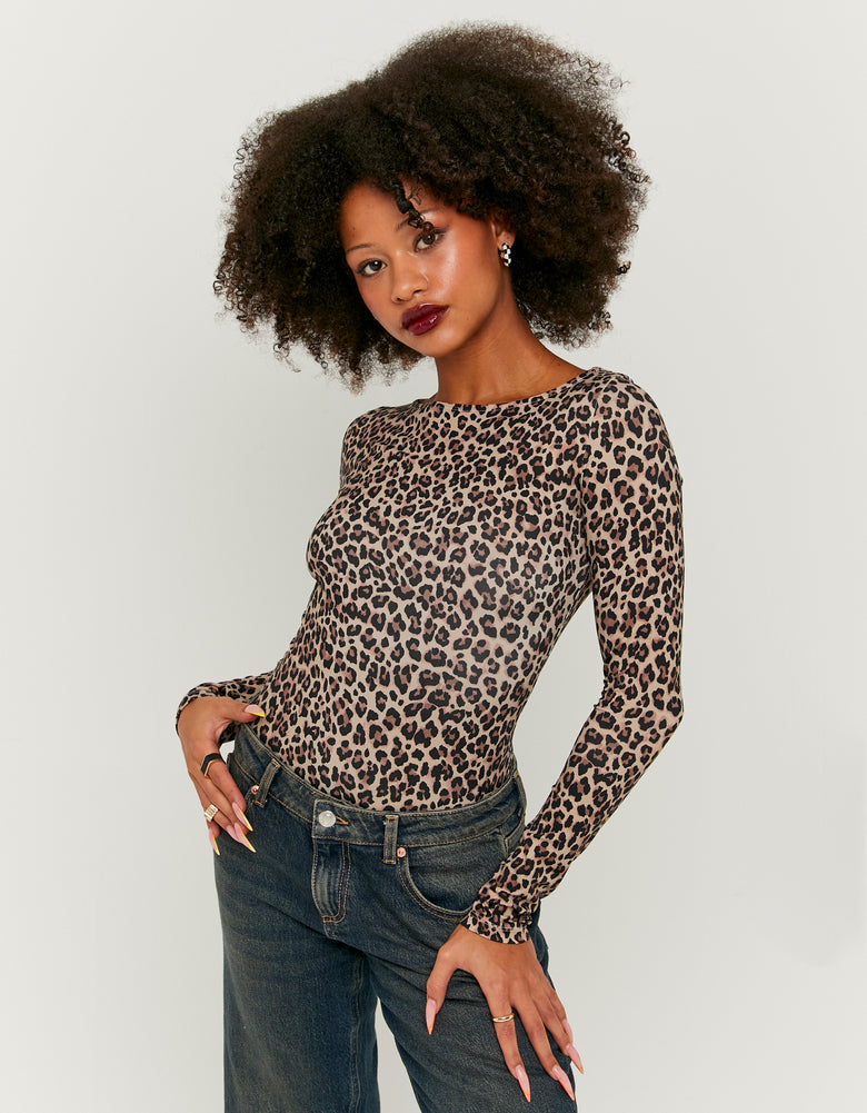 Ladies Leopard Print Bodysuit-Model Front View