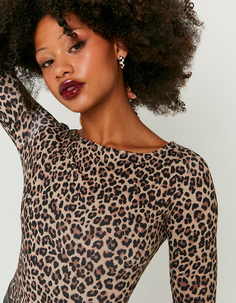 Ladies Leopard Print Bodysuit-Closer View of the Front