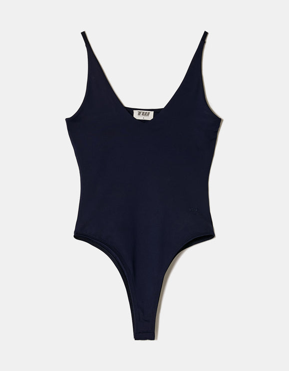 Tally Weijl Blue Basic Bodysuit, front flat lay view