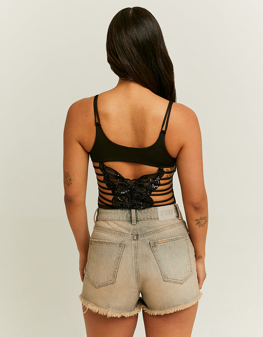 Ladies Black Cut Out With Embellished Butterfly-Model Back View