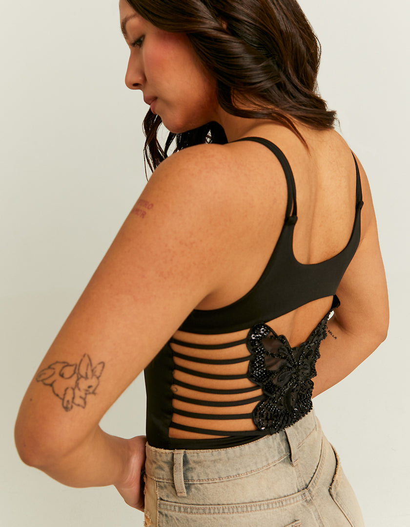 Ladies Black Cut Out With Embellished Butterfly-Side/Back View