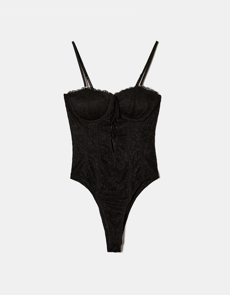 Ladies Black Lace Corset Bustier Body-Ghost Front View