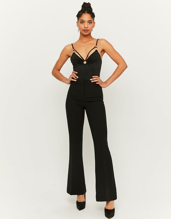 Ladies Cut Out Black Body Suit-Model Full Front View