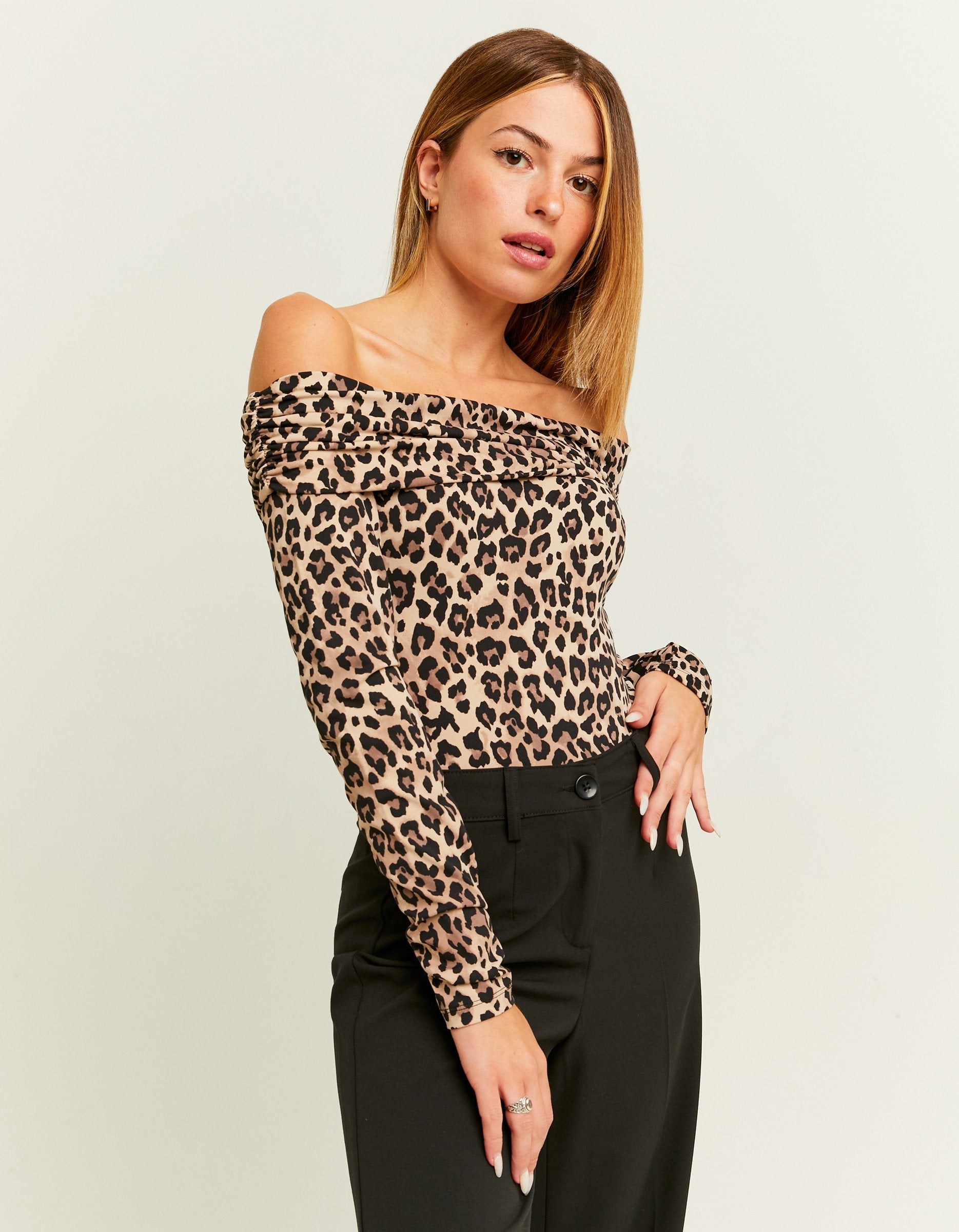 Ladies Leopard Print Off Shoulder Bodysuit-Front View