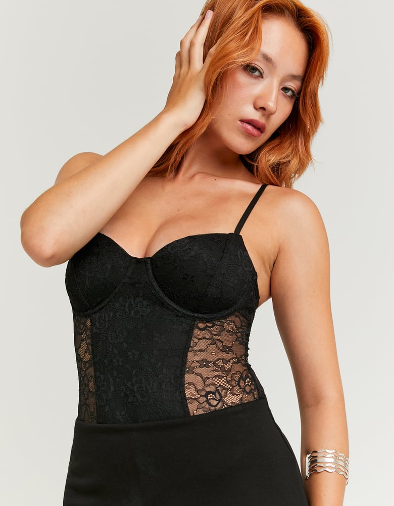 Ladies Black Bodysuit With Lace-Closer View of the Front
