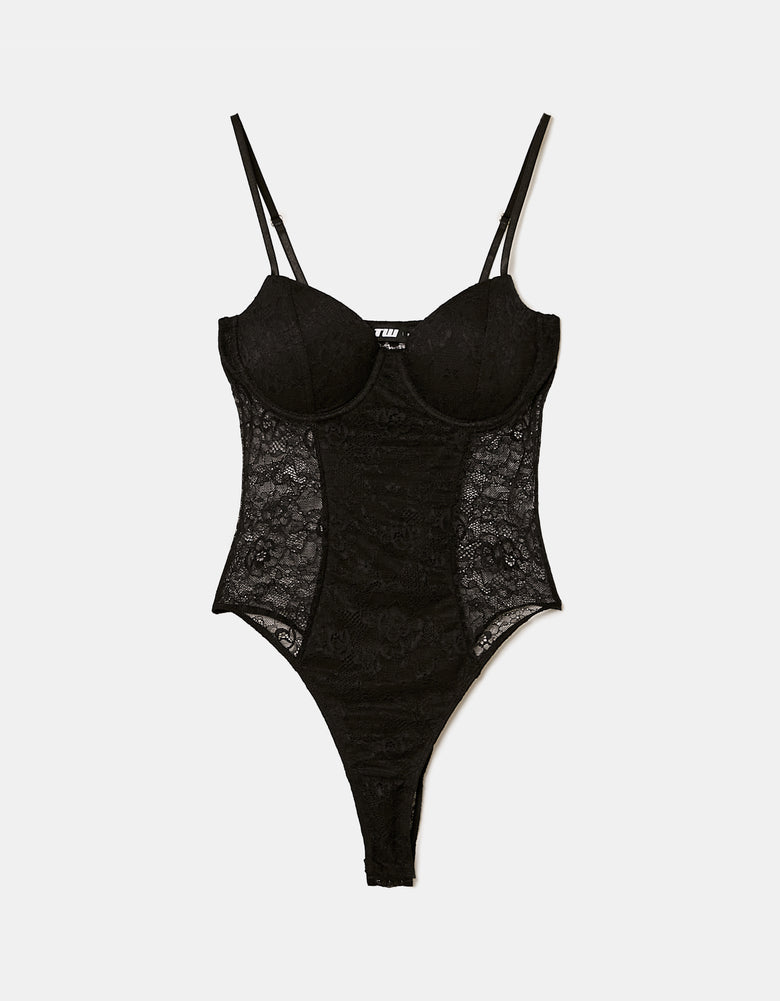 Ladies Black Bodysuit With Lace-Ghost Front View