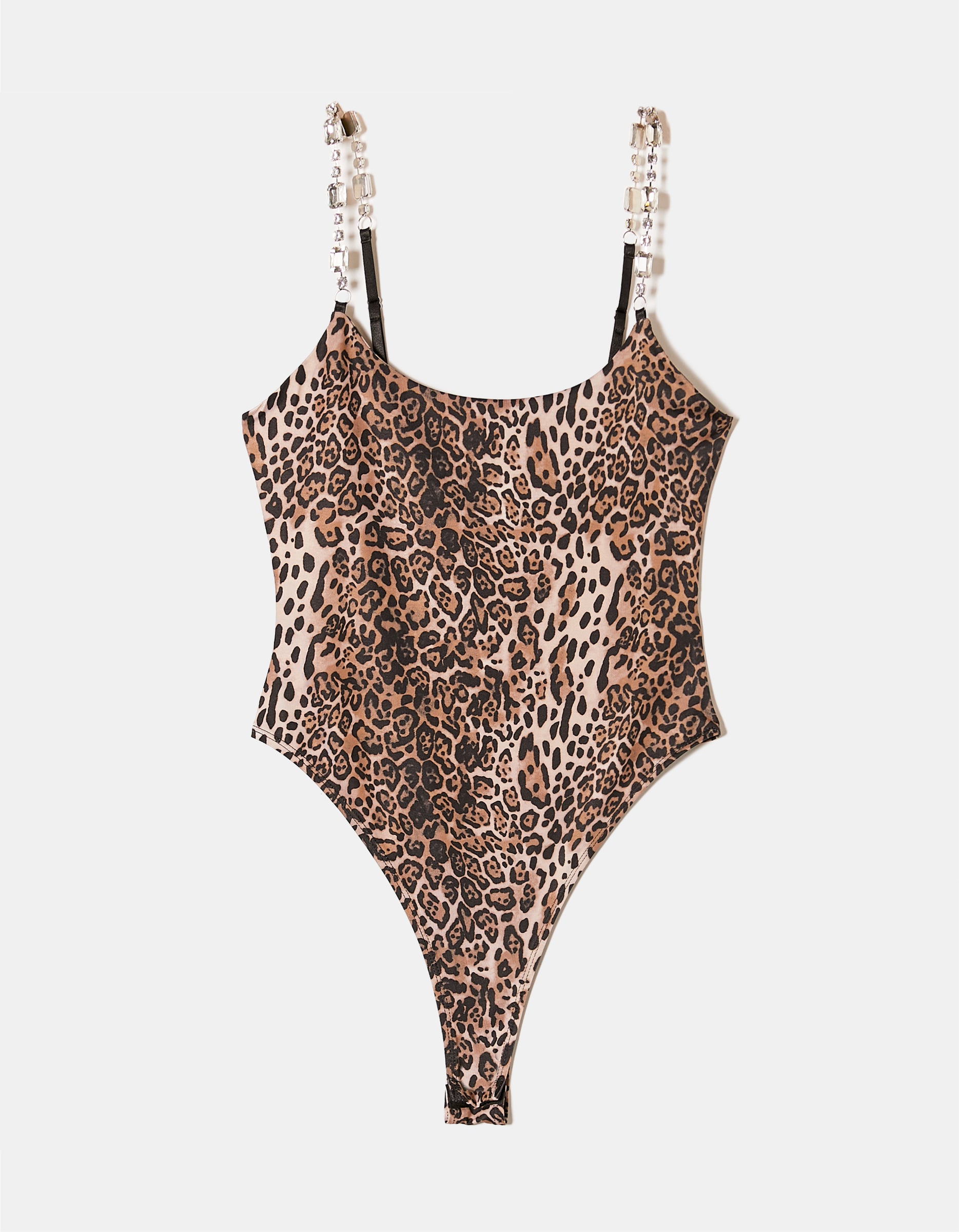 Ladies Leopard Print Bodysuit With Rhinestone Straps-Ghost View