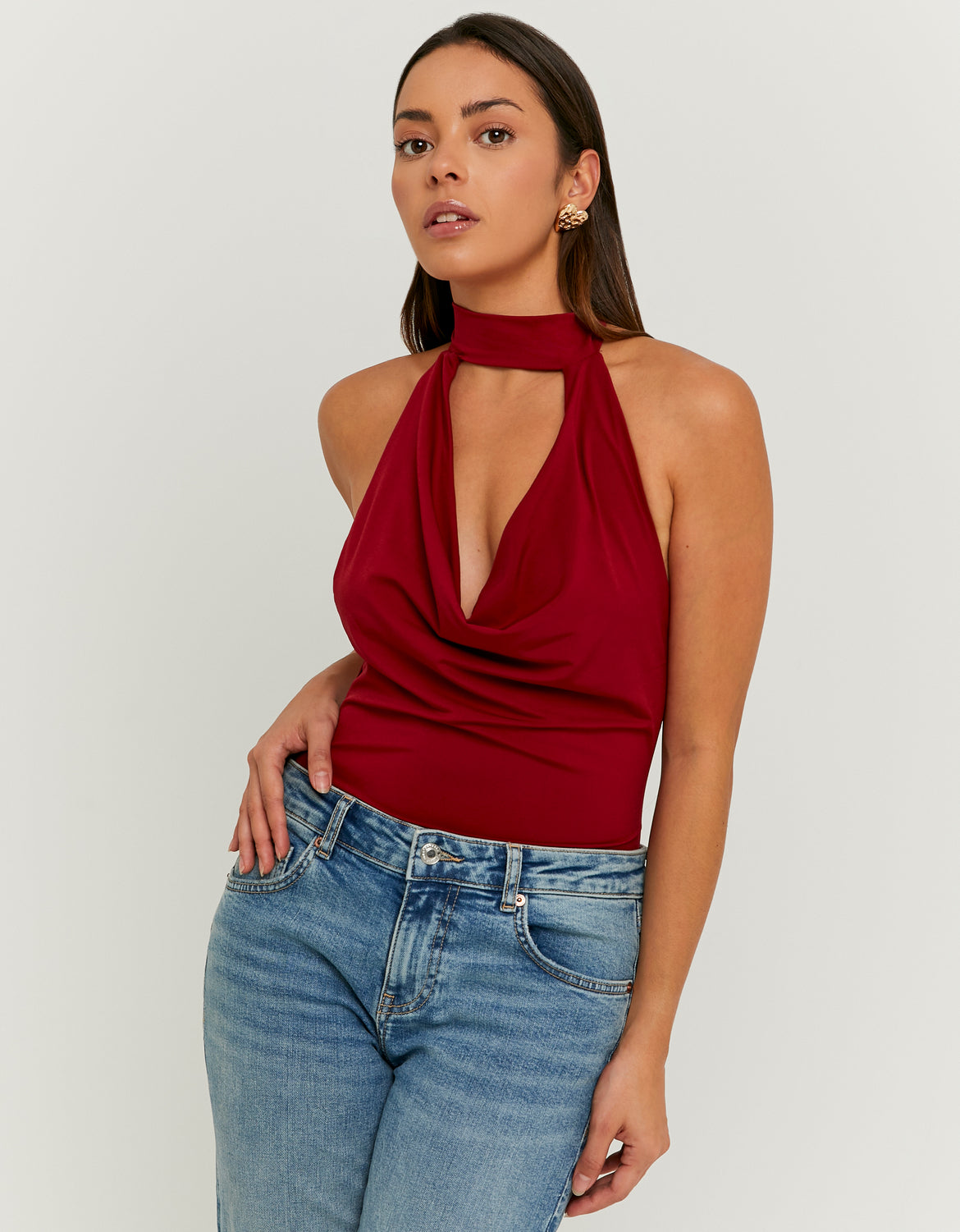 Ladies Burgundy Halter Bodysuit-Model Front View 2