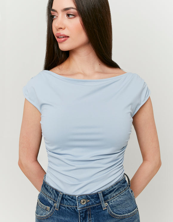 Tally Weijl blue bodysuit with boat neckline worn by model, front close-up view