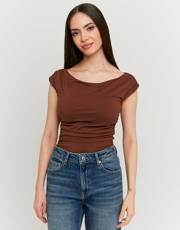 Tally Weijl brown bodysuit with boat neckline, front view worn by model