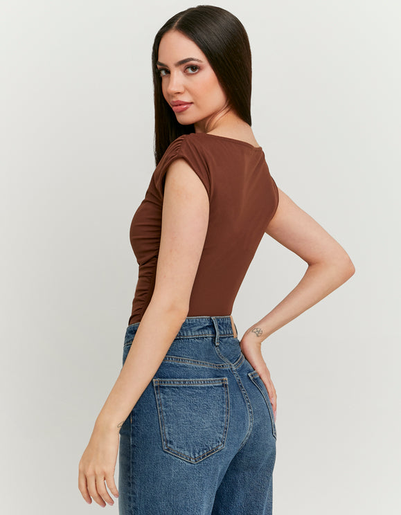 Tally Weijl brown bodysuit with boat neckline, back angled view worn by model