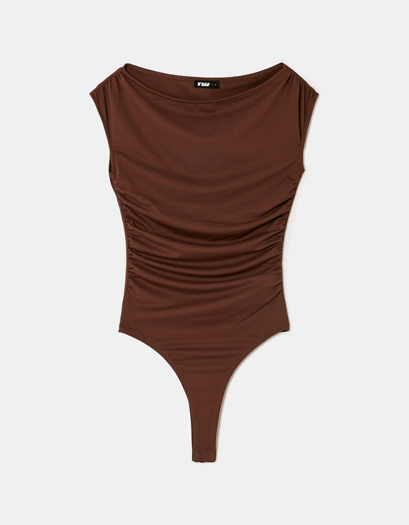 Tally Weijl brown bodysuit with boat neckline, front view