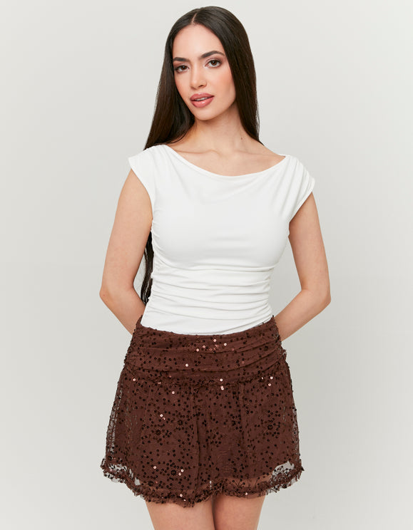 Tally Weijl white bodysuit with boat neckline worn by model, front view