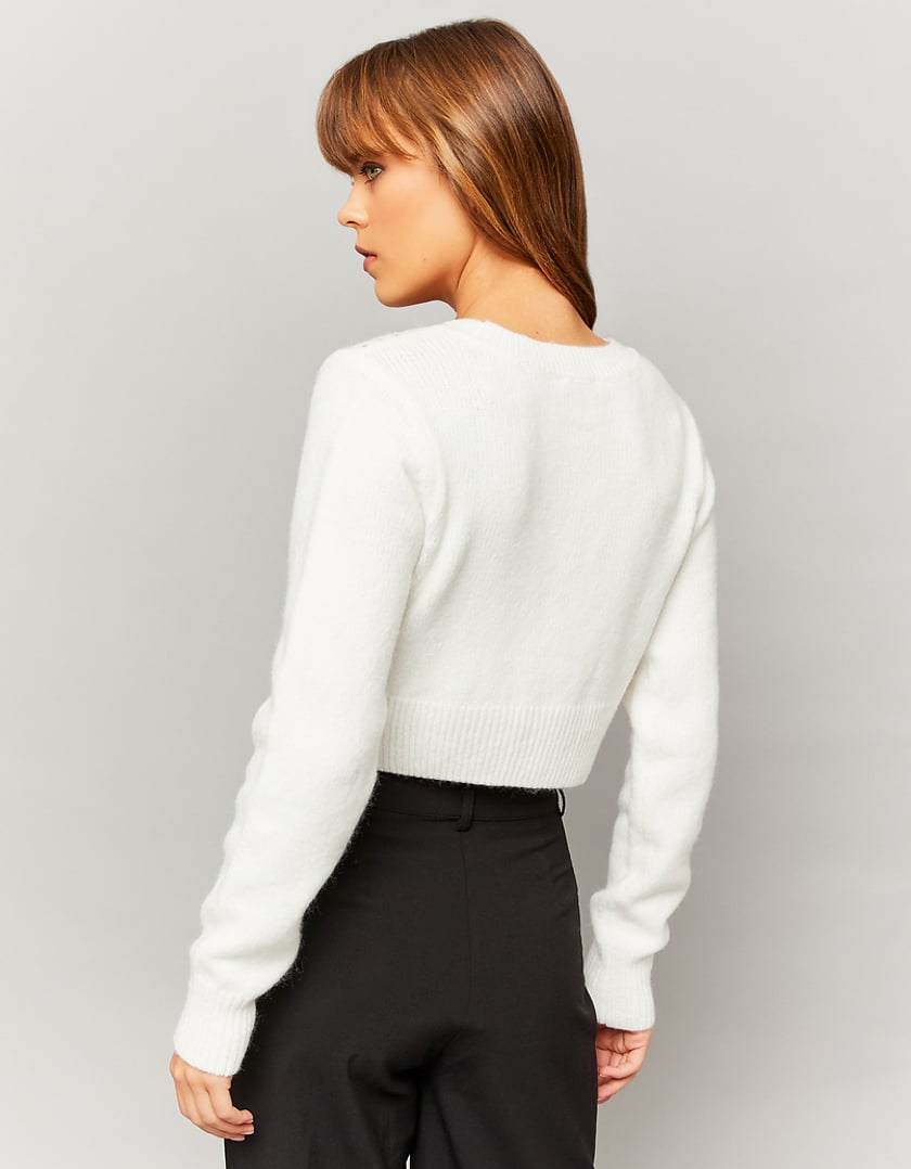 Ladies White Cropped Cardigan With Rhinestone-Model Back View