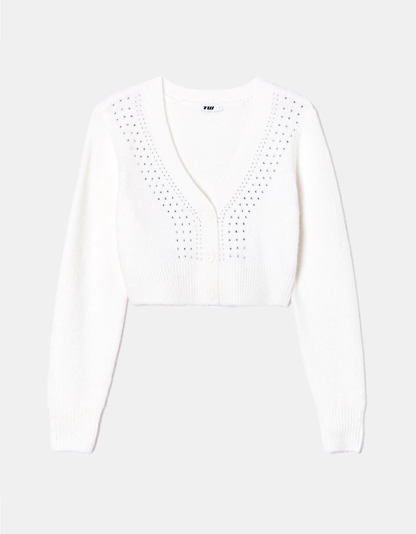 Ladies White Cropped Cardigan With Rhinestone-Front View