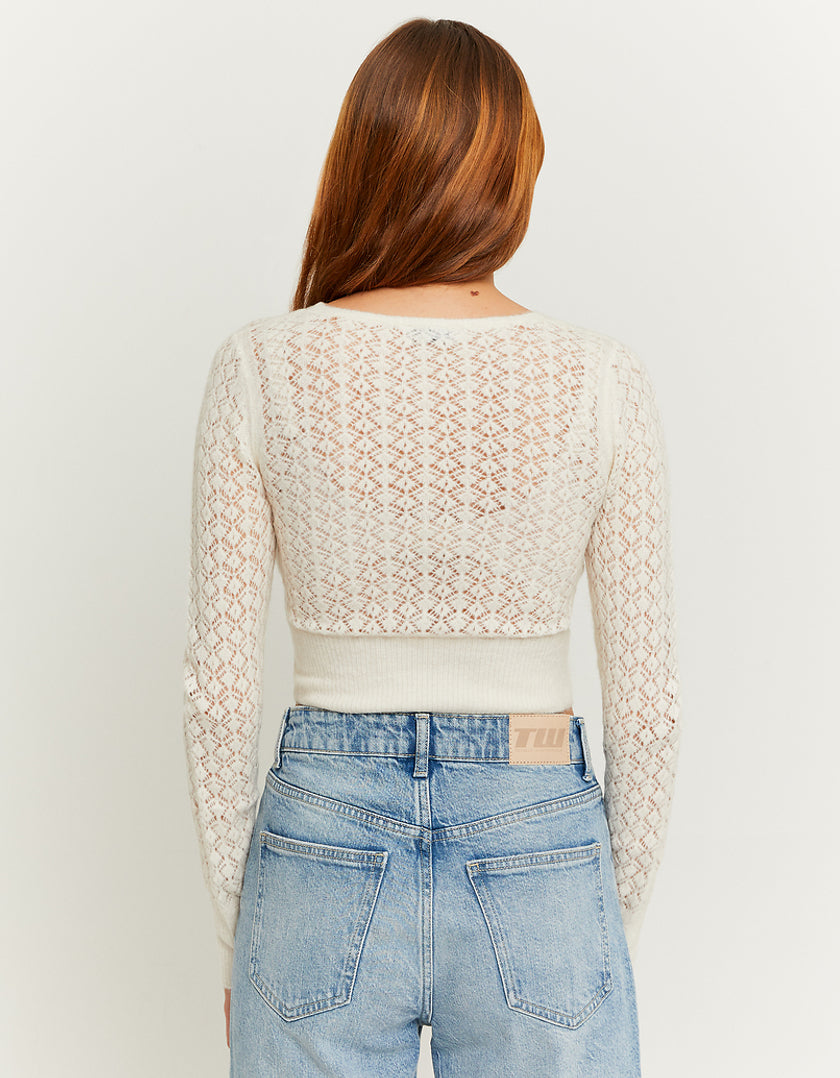 Ladies White Fitted Cropped Cardigan-Model Back View