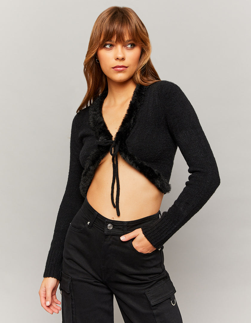 Ladies Black Cropped Cardigan With Faux Fur Detail-Model Front View