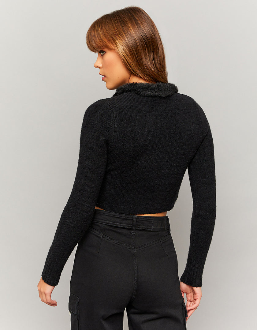 Ladies Black Cropped Cardigan With Faux Fur Detail-Model Back View
