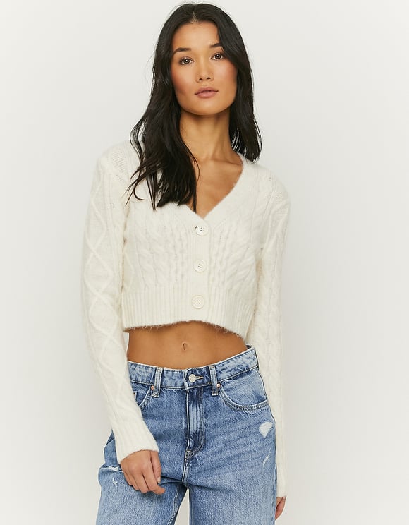 Ladies White Cable Knit Cardigan-Model Front View