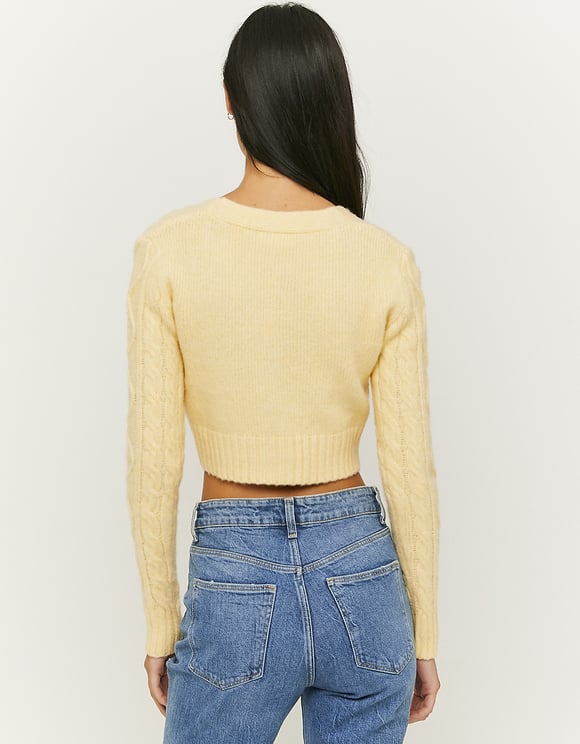 Ladies Yellow Cable Knit Cardigan-Model Back View