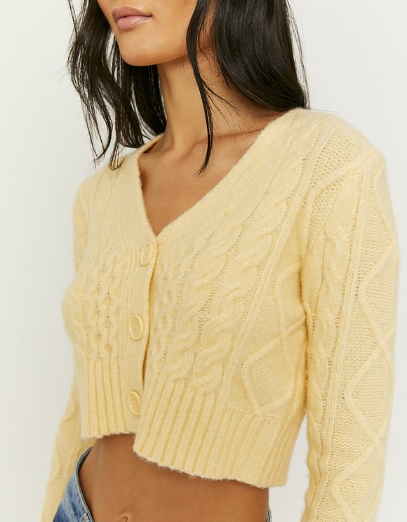 Ladies Yellow Cable Knit Cardigan-Close Up View of Front