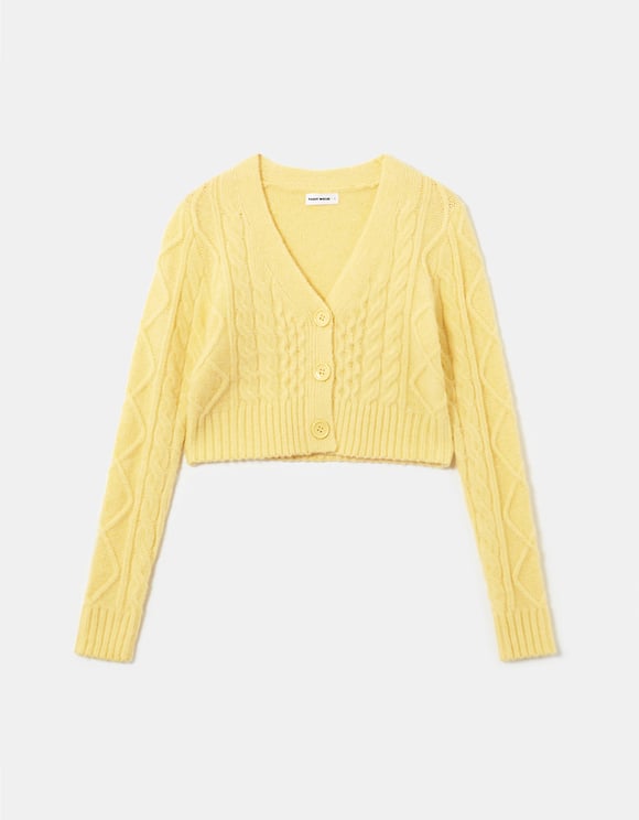 Ladies Yellow Cable Knit Cardigan-Ghost Front View