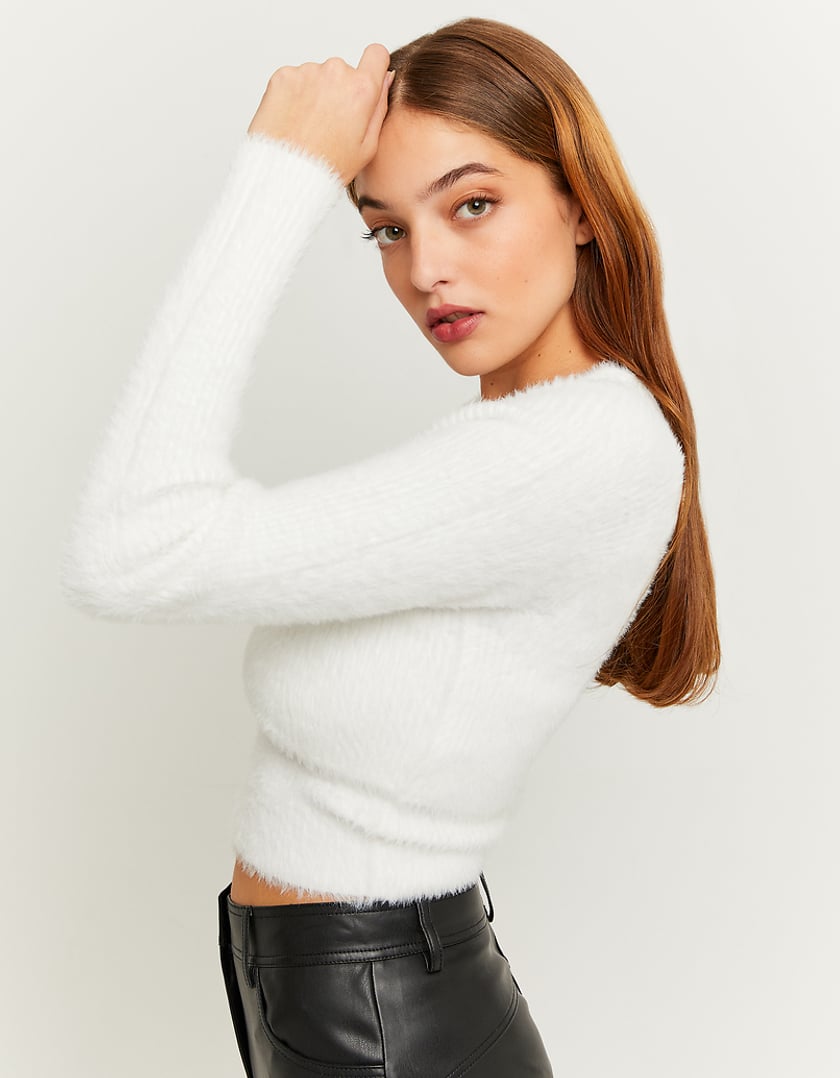 Ladies Whtie Cropped Soft Touch Jumper-Side View