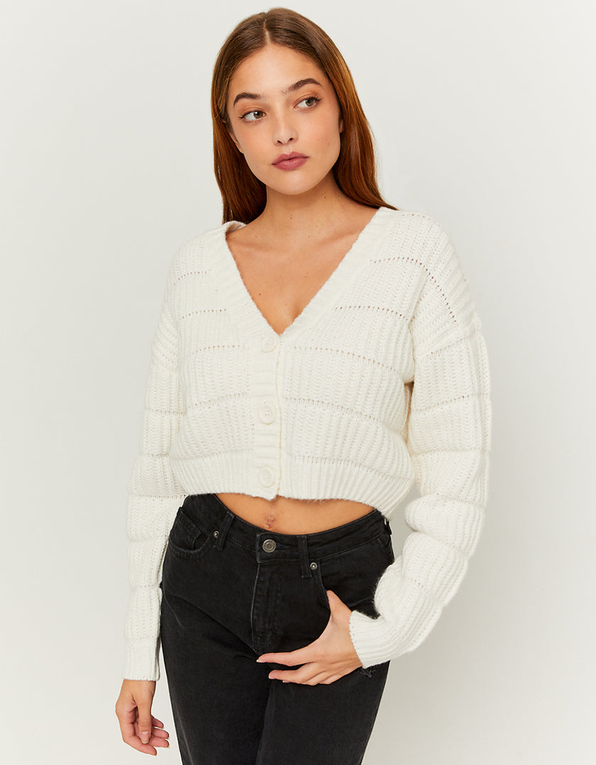 Ladies White Knit Cropped Cardigan-Model Front View