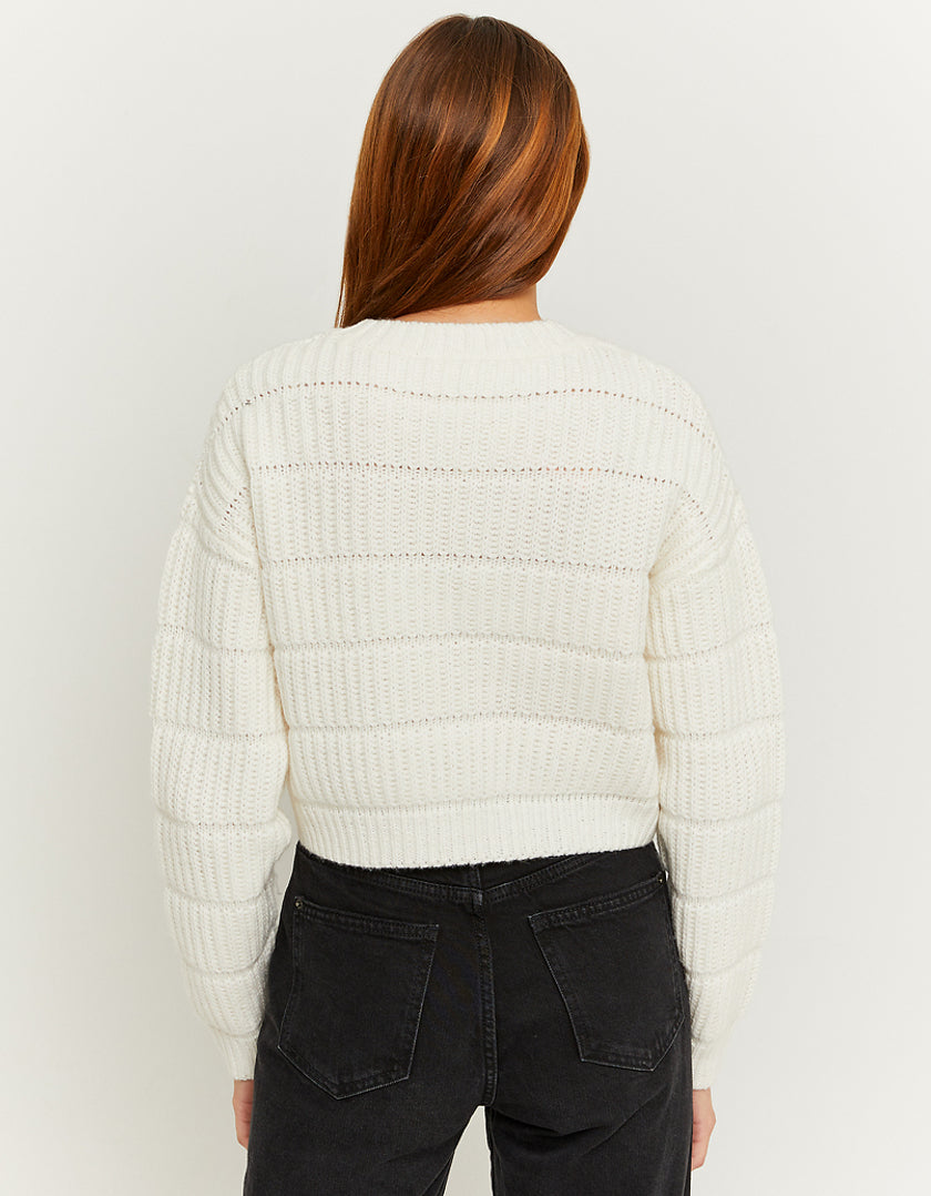 Ladies White Knit Cropped Cardigan-Model Back View