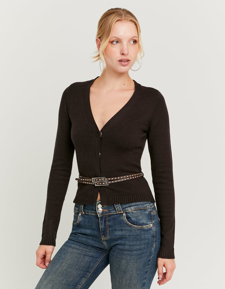 Ladies Brown Knitted Cardigan With Belt-Model Front View