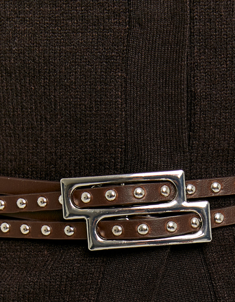 Ladies Brown Knitted Cardigan With Belt-Belt View