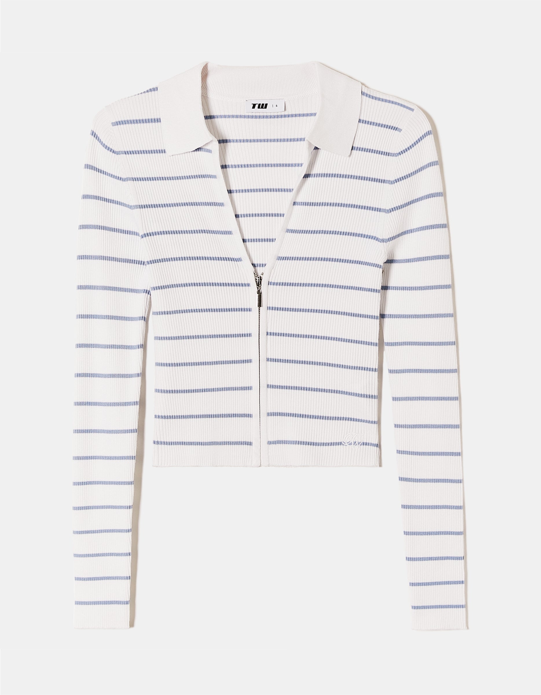 Striped Cropped Cardigan With Polo Neck