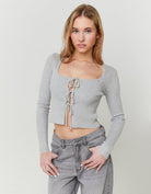 Tally Weijl Grey Knitted Cardigan With Bows Grey model front view