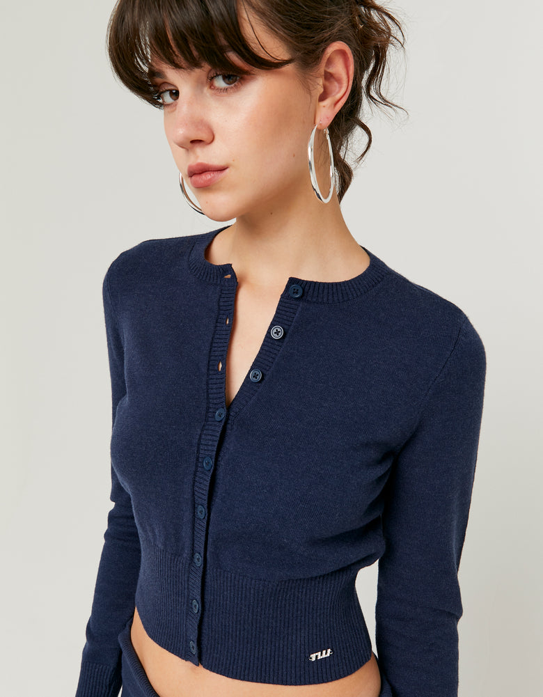 Ladies Blue Knitted Cardigan-Front/Side View of the Cardigan