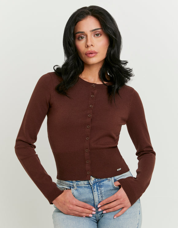 Tally Weijl brown cardigan worn by model, front view