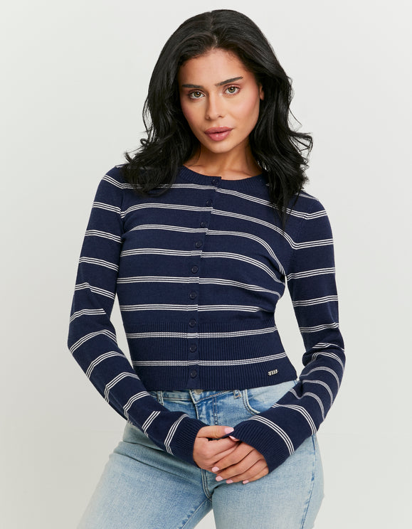 Tally Weijl blue striped knit cardigan in navy and white, front view worn by model