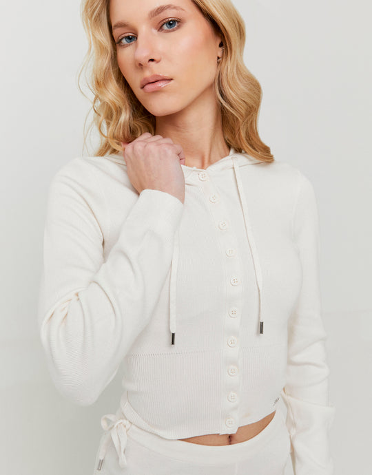 Ladies White Knit Buttoned Cardigan With Hood-Closer View of the Front