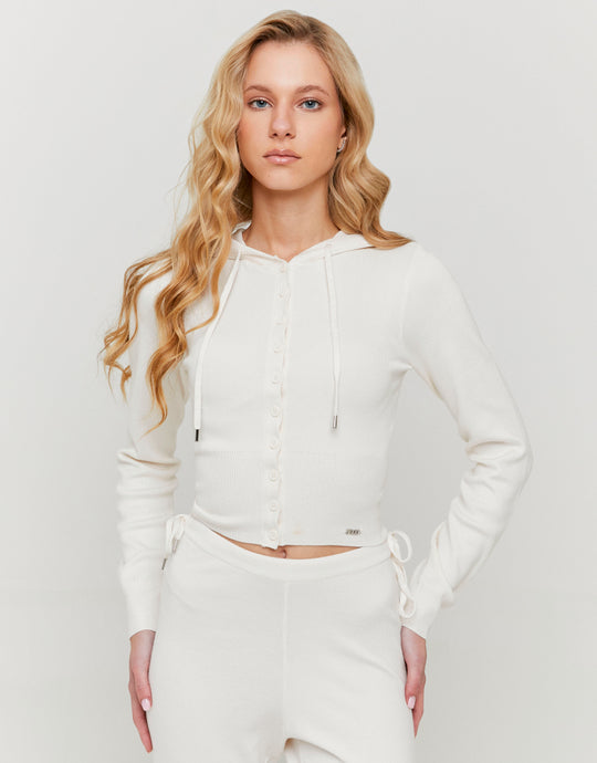 Ladies White Knit Buttoned Cardigan With Hood-Model Front View 2
