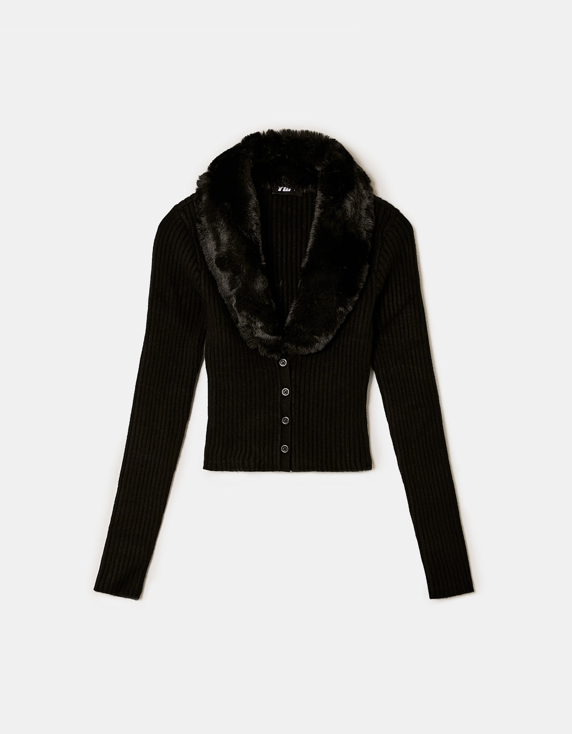 Ladies Black Faux Fur V-Neck Cardigan-Ghost Front View