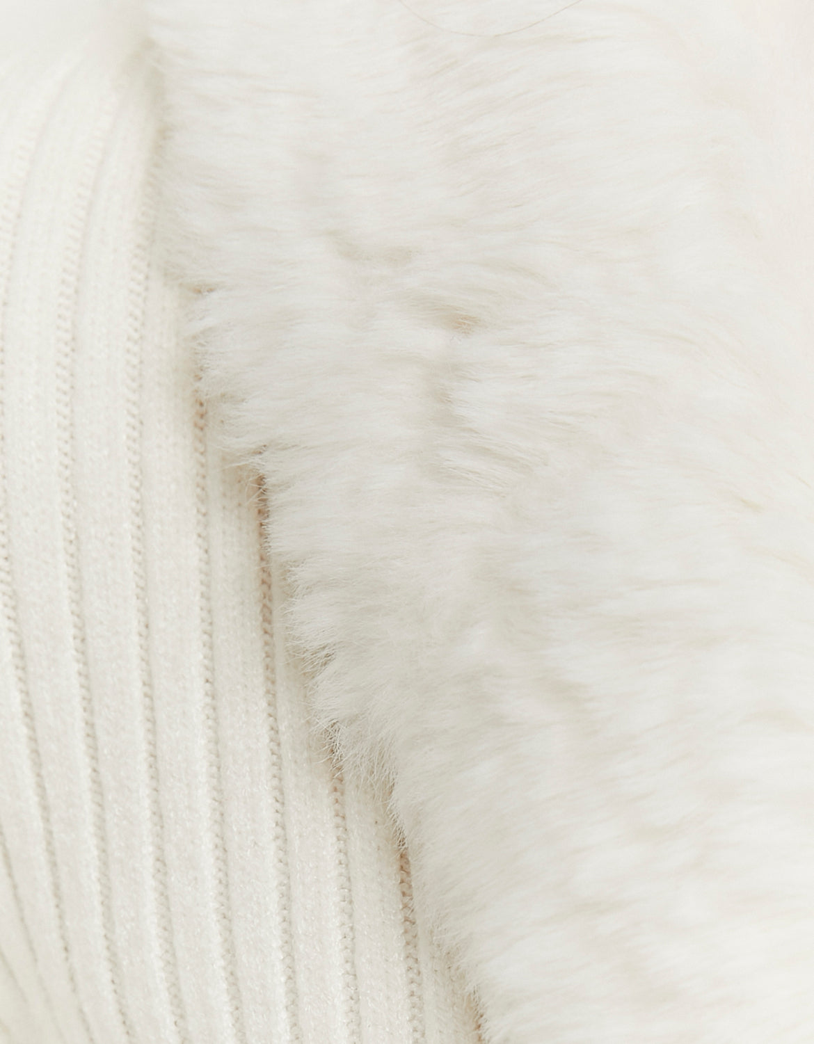 Ladies Whtie Faux Fur V-Neck Cardigan-Close Up View
