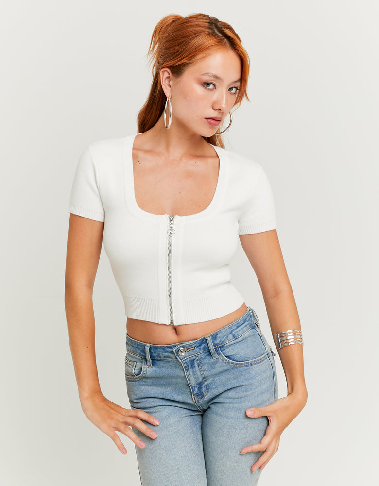 Ladies White Knitted Zip-Up Cardigan-Model Front View