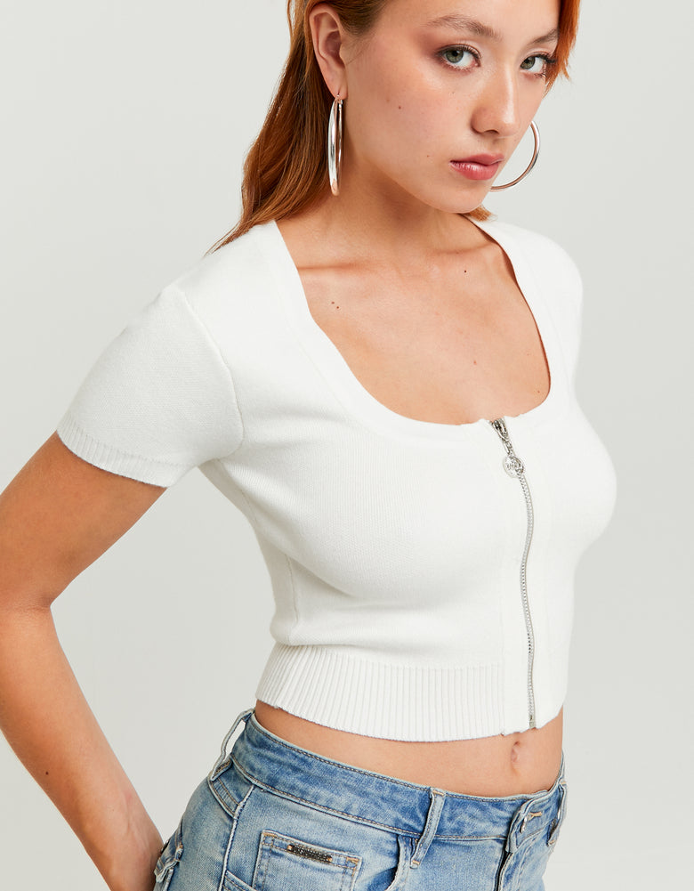 Ladies White Knitted Zip-Up Cardigan-Side View