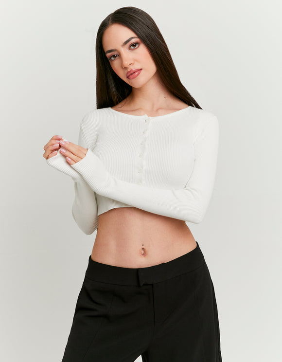 Tally Weijl white crop cardigan worn by model, front view