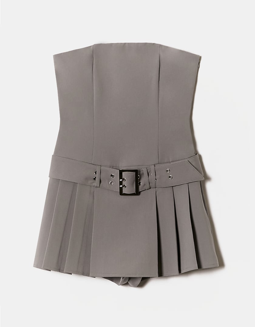Ladies Grey Playsuit Dress with Pleated Skort-Front View