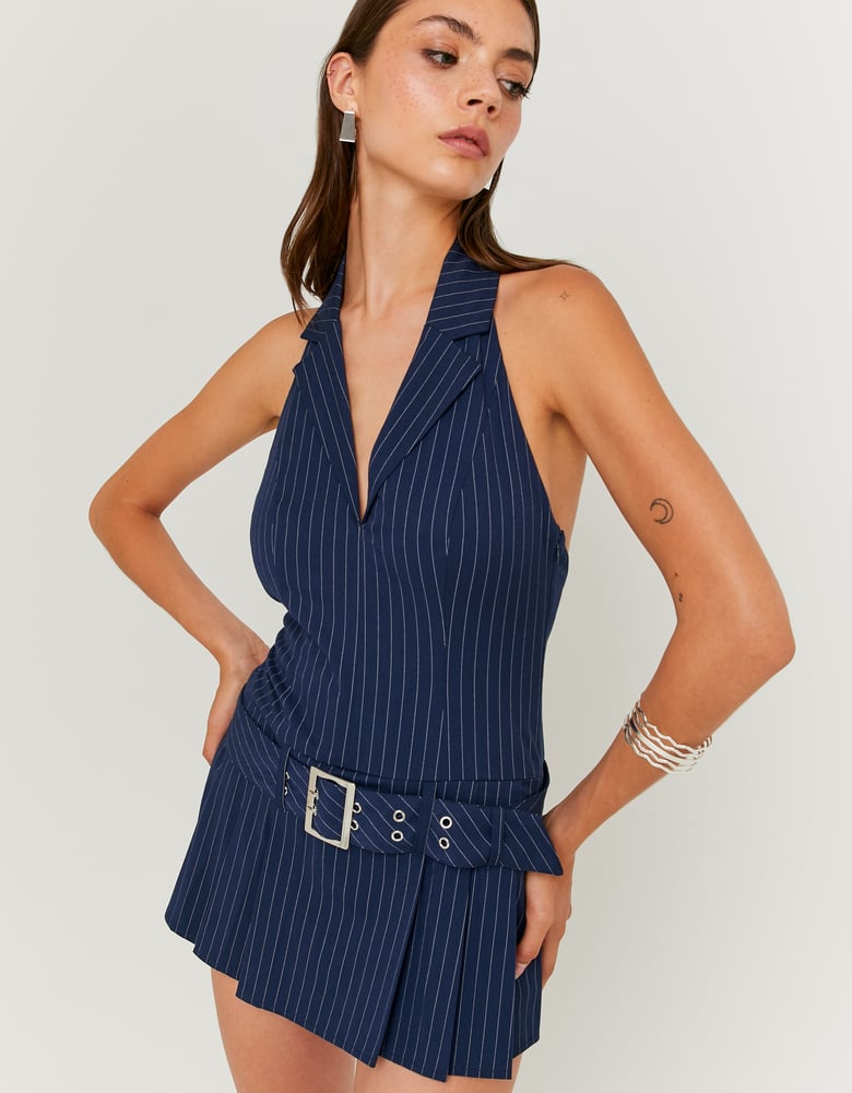 Ladies Blue Pinstripe Playsuit-Closer View of the Front