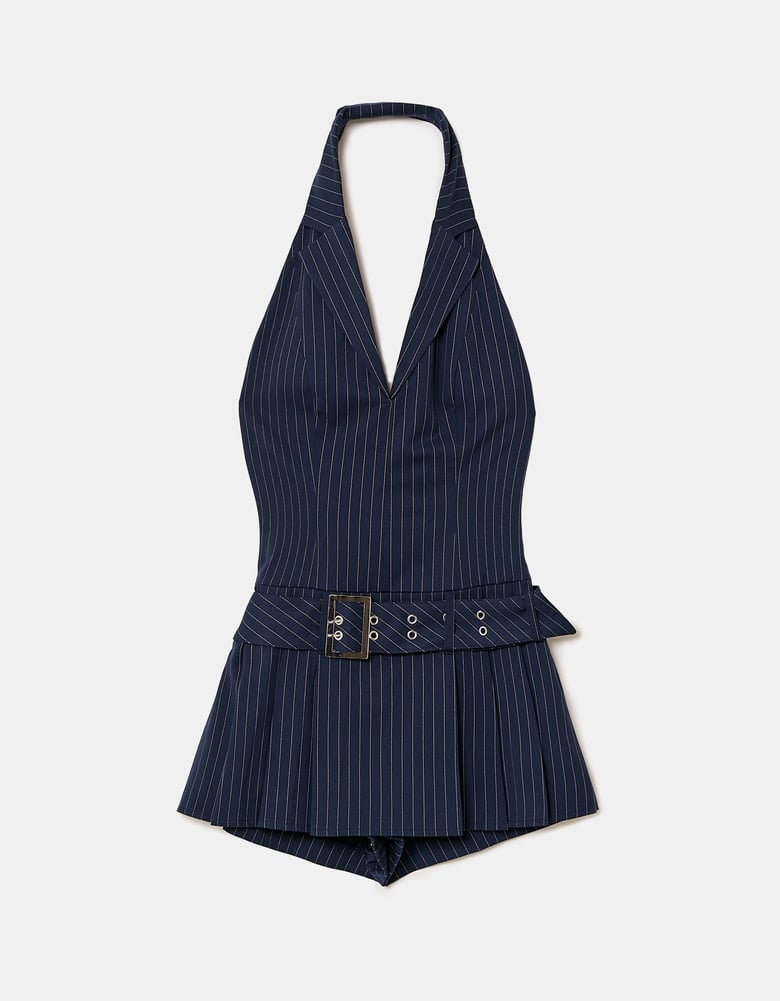 Ladies Blue Pinstripe Playsuit-Ghost Front View
