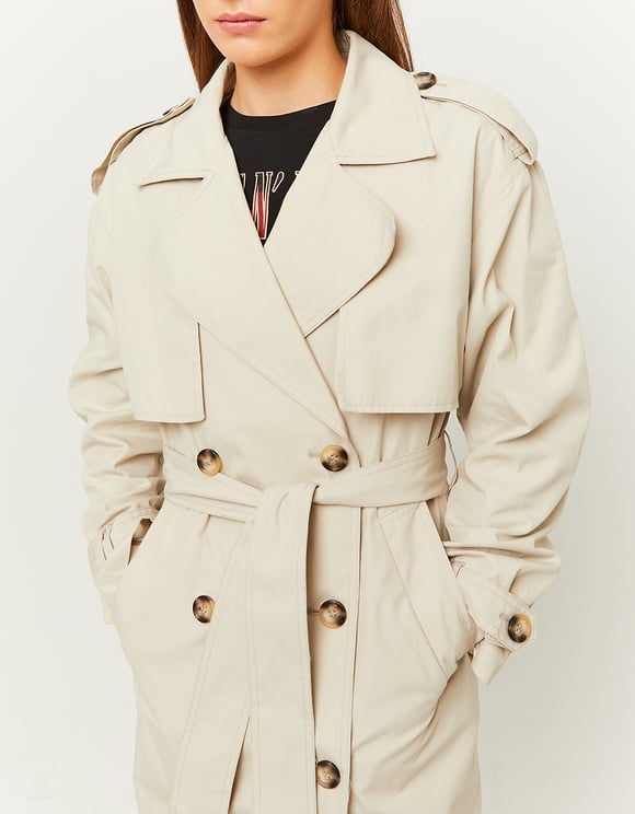 Ladies Long Beige Trench Coat-Close Viewo of the Front