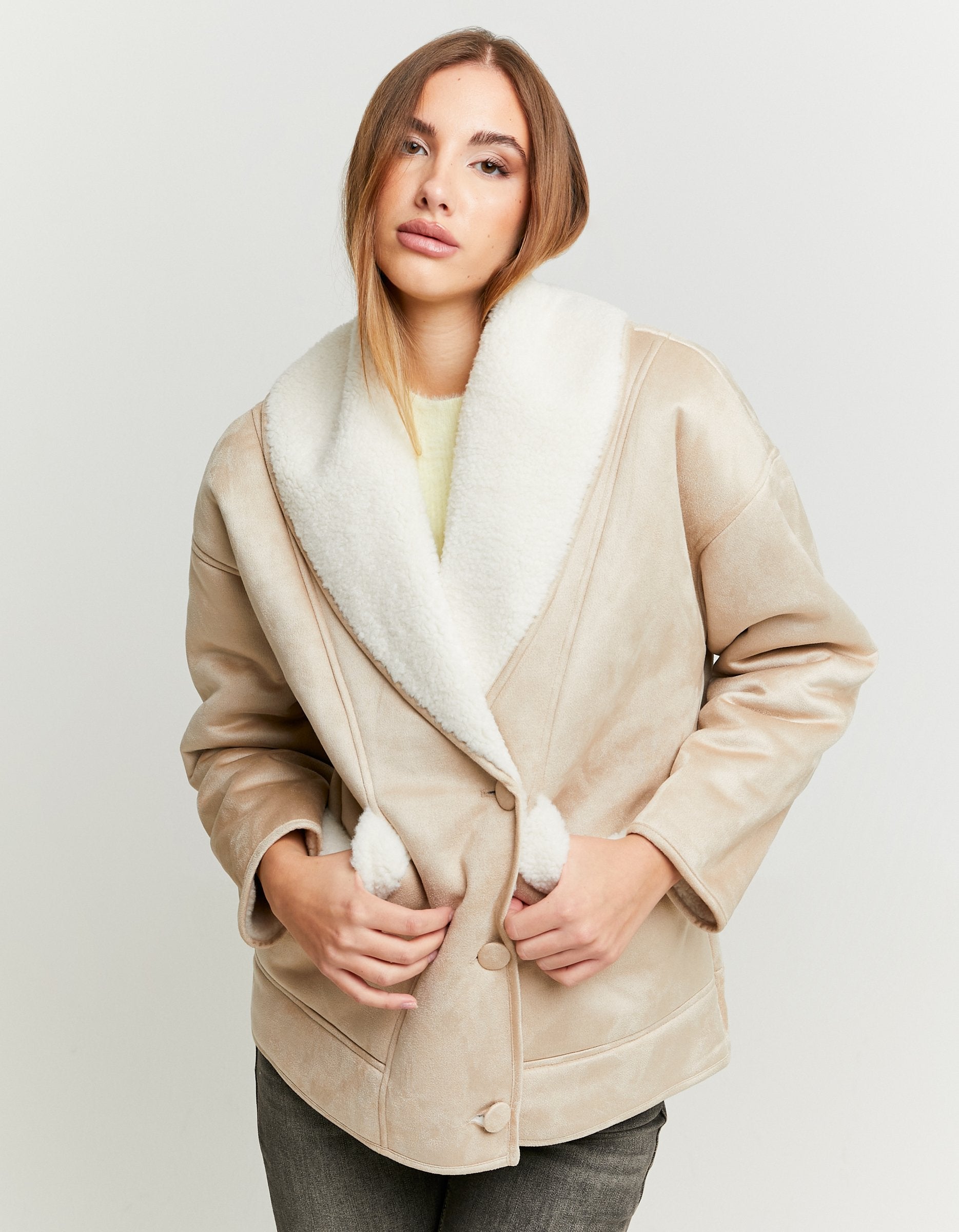 Ladies Beige/White Faux Shearling Jacket-Front View