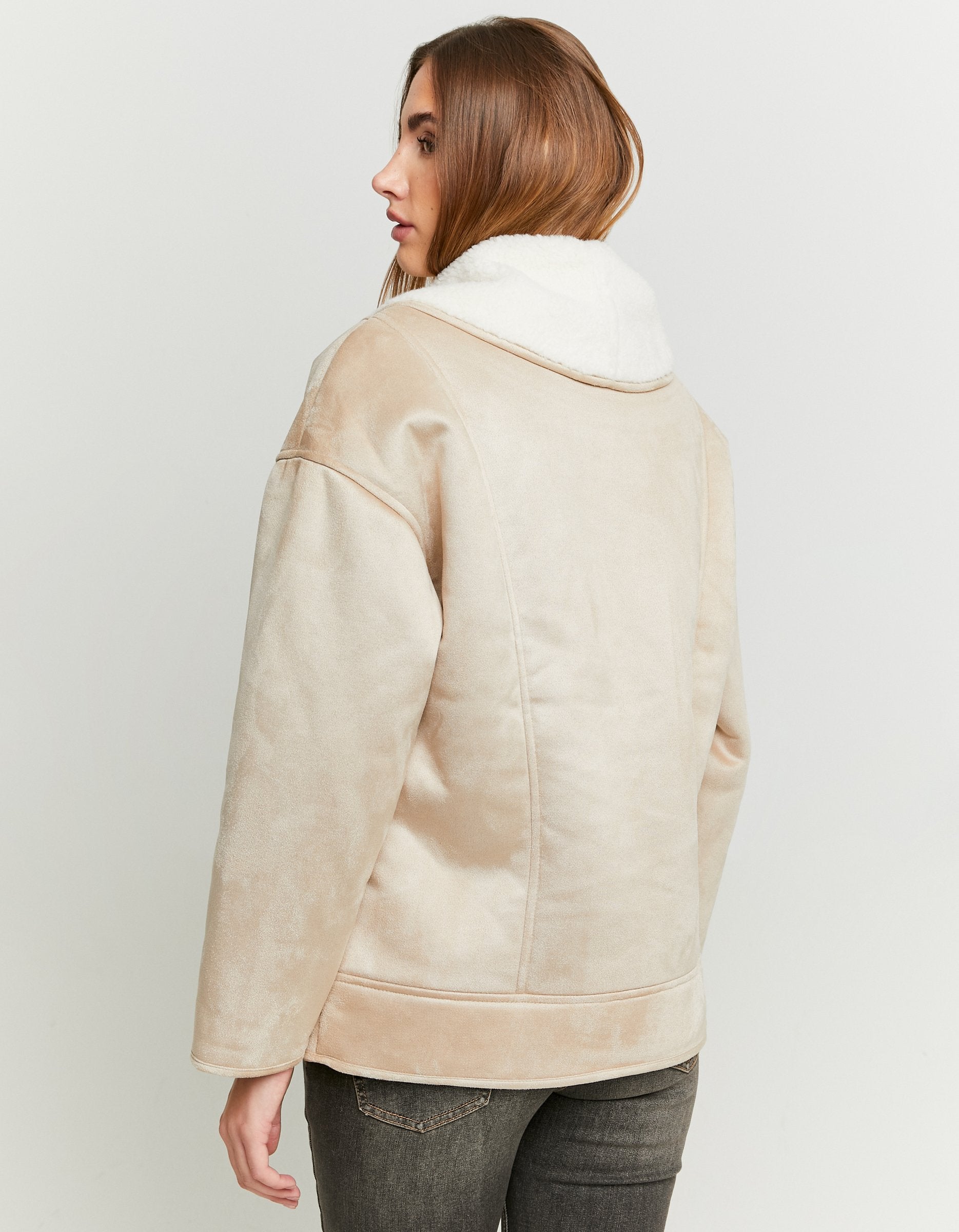 Ladies Beige/White Faux Shearling Jacket-Model Back View